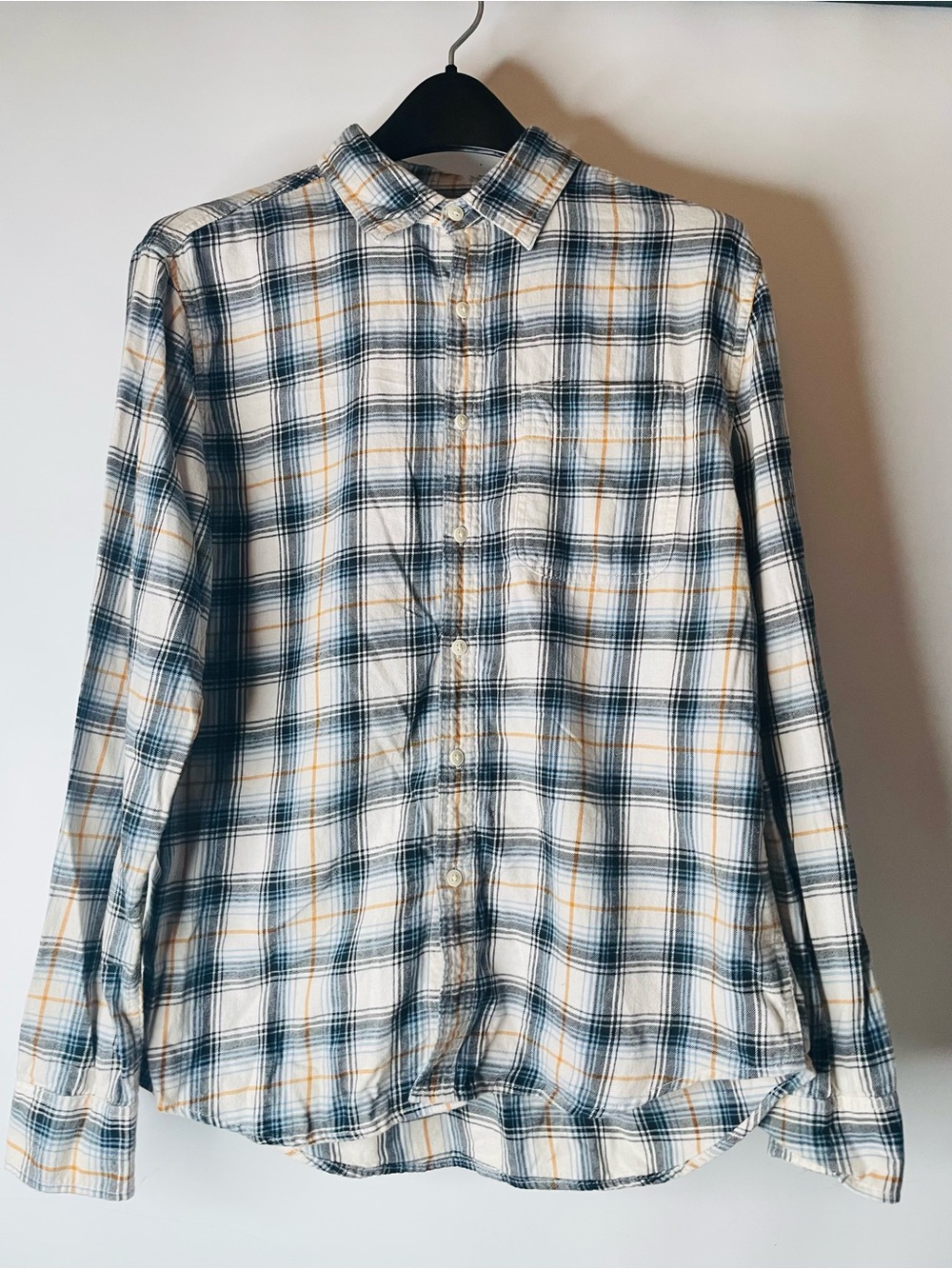 American Eagle Outfitters White Plaid Button-Down with Blue and Yellow Accents
